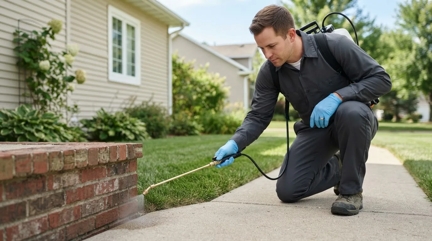 Pest control technician treating a home near Shellsburg, IA
