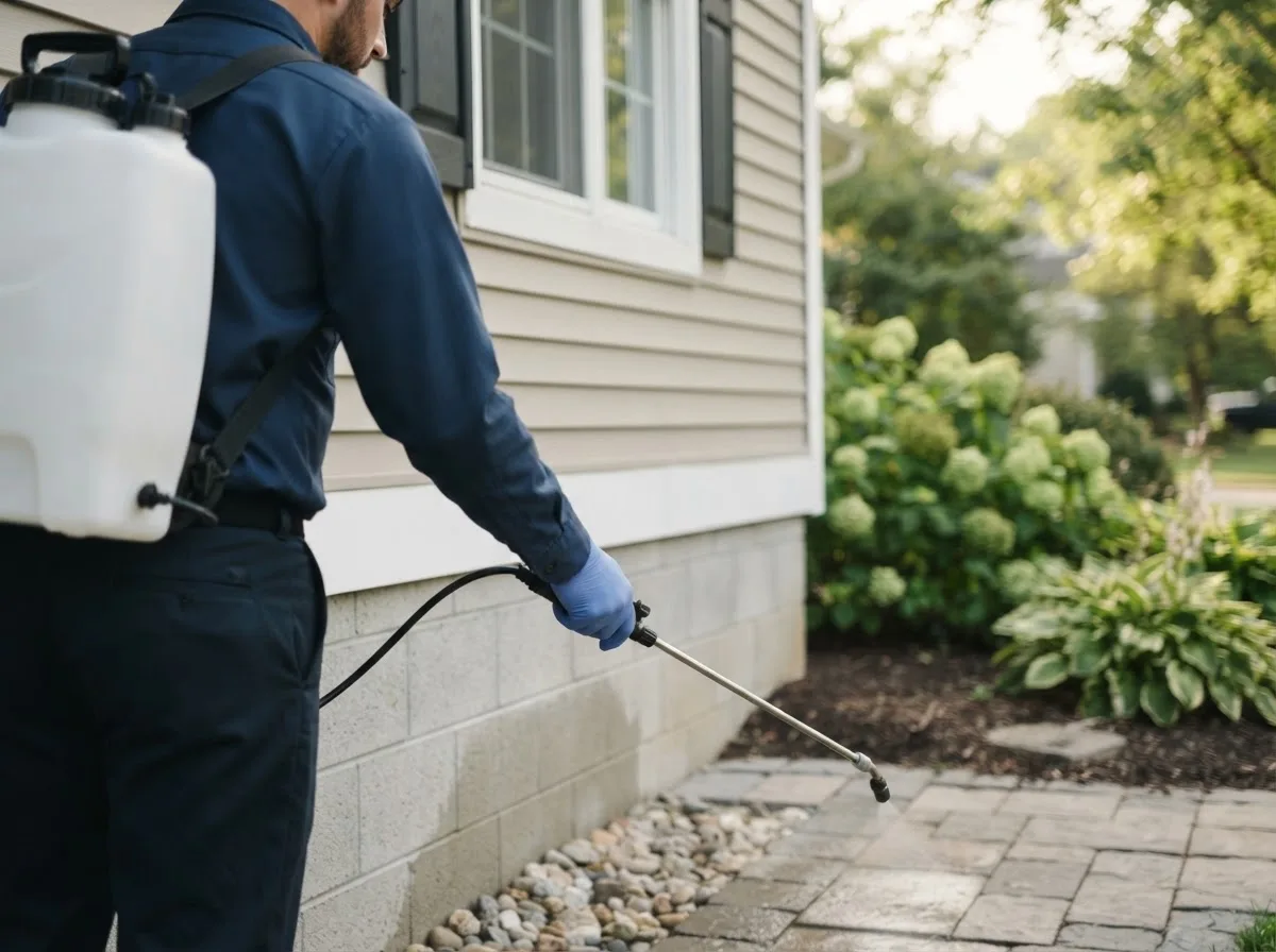 Pest control technician inspecting a home in Shellsburg, IA